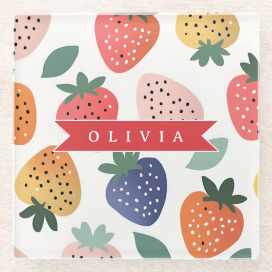 Personalized Summer Colorful Strawberry Pattern ガラスコースター (正面)