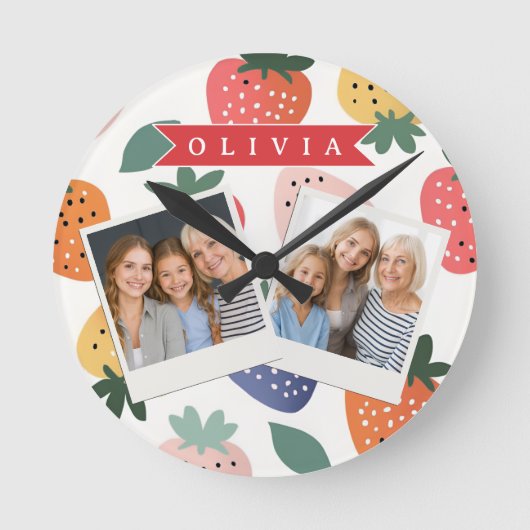 Personalized Summer Colorful Strawberry Pattern ラウンド壁時計 (正面)