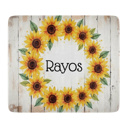 Personalized Sunflower Wreath Glass Cutting Board カッティングボード (正面)