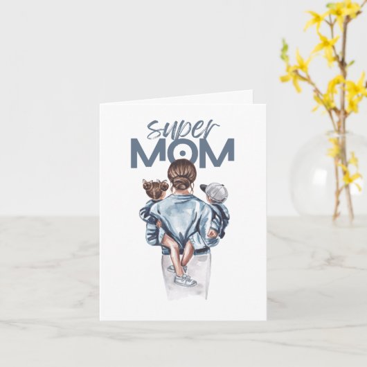 Personalized Super Mom with Son and Daughter Gift  カード (黄色い花)