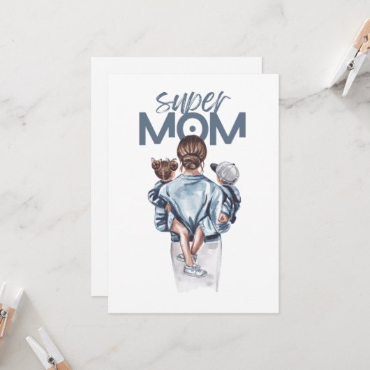 Personalized Super Mom with Son and Daughter Gift  カード (正面/裏面インサイチュ)