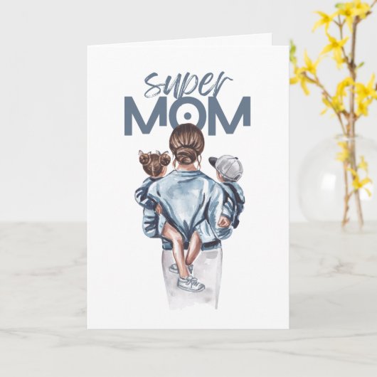 Personalized Super Mom with Son and Daughter Gift カード (黄色い花)