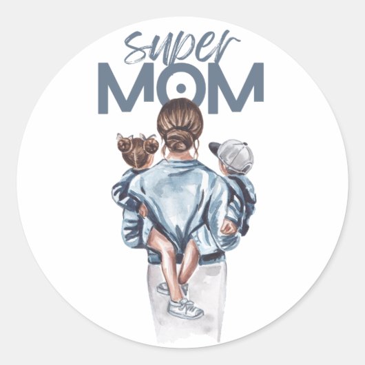 Personalized Super Mom with Son and Daughter Gift ラウンドシール (正面)