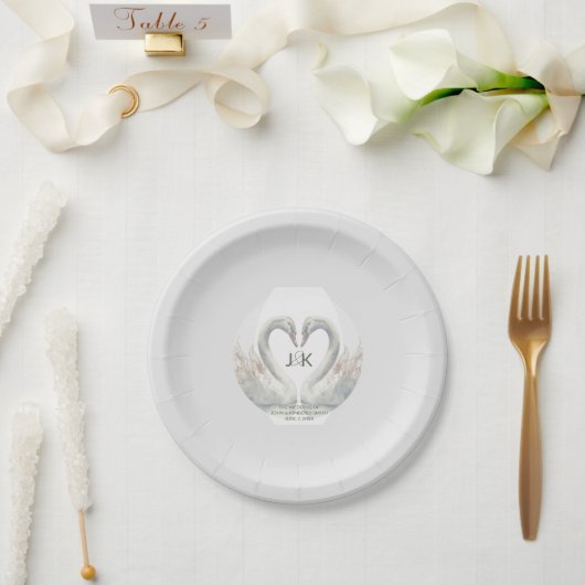 Personalized Swan Wedding Paper Plates ペーパープレート (ウェディング)