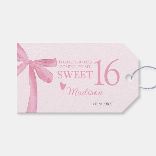 Personalized Sweet 16 Birthday Coquette Pink Bow  ギフトタグ (正面(横))