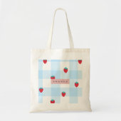 Personalized Sweet Strawberry Gingham Blue トートバッグ (正面)