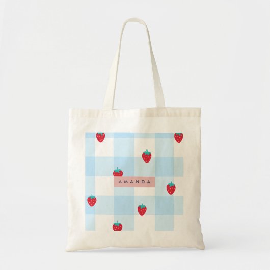 Personalized Sweet Strawberry Gingham Blue トートバッグ (正面)