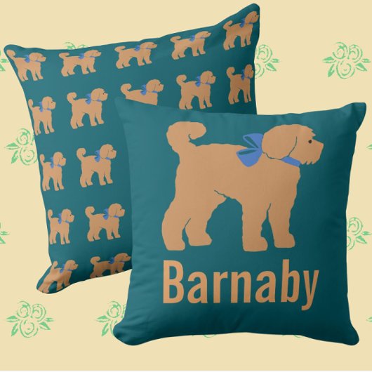 Personalized Tan Doodle Dog Dark Blue Green Pillow クッション
