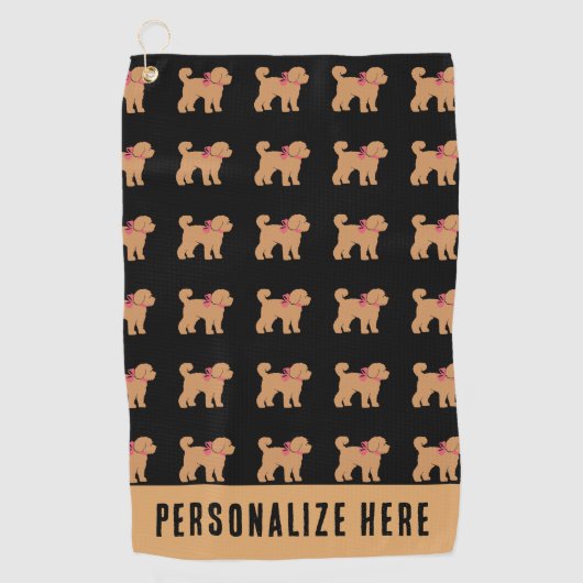 Personalized Tan Doodle Dog on Black ゴルフタオル (正面)