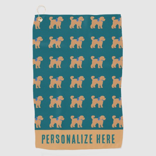 Personalized Tan Doodle Dog on Dark Blue Green ゴルフタオル (正面)
