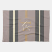 Personalized Taupe Gold Stripe Modern Neutral Chic キッチンタオル (横)