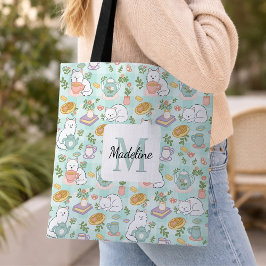 Personalized Tea Bookish Cats Tote Bag Mint Green トートバッグ