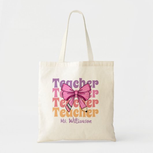 Personalized Teacher Pink Coquette Bow トートバッグ (正面)