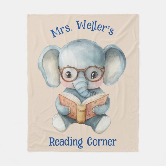 Personalized Teacher Watercolor Elephant Reading フリースブランケット (正面)
