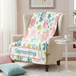 Personalized Teal and Pink Floral フリースブランケット