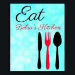 Personalized Teal Black Red Eat Sign for Kitchen ポスター<br><div class="desc">This poster is black and teal with the text, "Eat, " with a graphic of fork, knife and spoon. Modern sleek look will add a pop of color to your kitchen.</div>