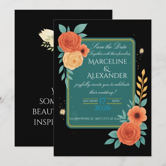 Personalized Teal & Coral Floral Invitation 招待状 (正面/裏面)