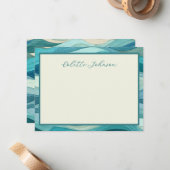 Personalized Teal Wave Border  ノートカード (正面/裏面インサイチュ)
