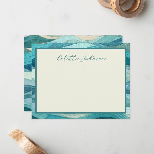 Personalized Teal Wave Border  ノートカード (正面/裏面インサイチュ)