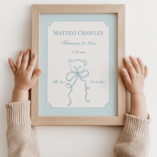 Personalized Teddy Bear Blue Birth Info Poster ポスター
