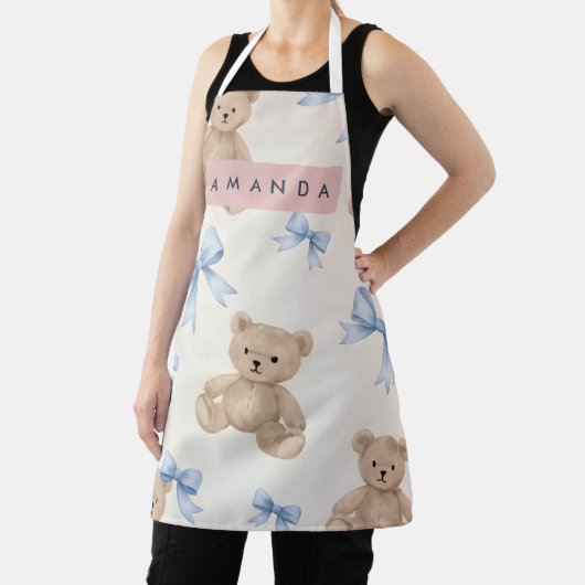 Personalized Teddy Bear & Blue Bow Pattern エプロン (インサイチュ)