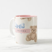 Personalized Teddy Bear & Blue Bow Pattern ツートーンマグカップ (正面左)