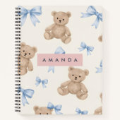 Personalized Teddy Bear & Blue Bow Pattern ノートブック (正面)
