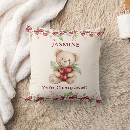 Personalized Teddy Bear Cherry Floral Pillow クッション (ブランケット)