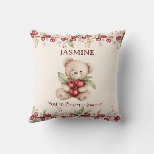 Personalized Teddy Bear Cherry Floral Pillow クッション (裏面)