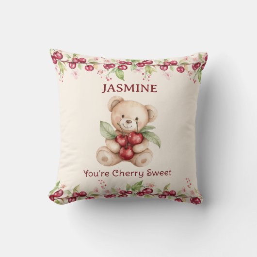 Personalized Teddy Bear Cherry Floral Pillow クッション (正面)