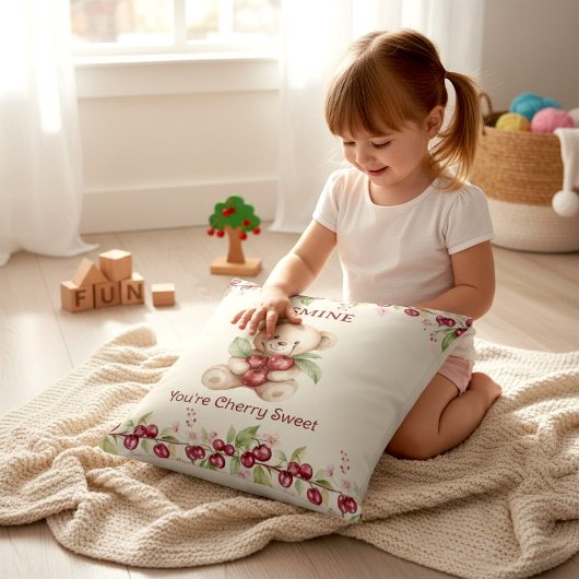 Personalized Teddy Bear Cherry Floral Pillow クッション