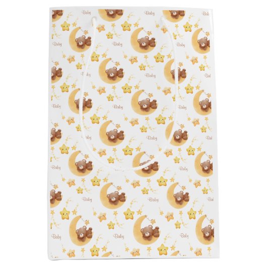 Personalized Teddy Bear Moon Baby Shower ミディアムペーパーバッグ (正面)