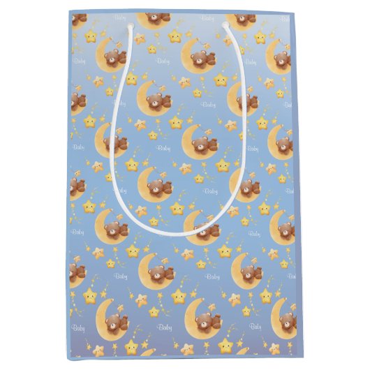 Personalized Teddy Bear Moon Soft Blue Baby Shower ミディアムペーパーバッグ (正面)