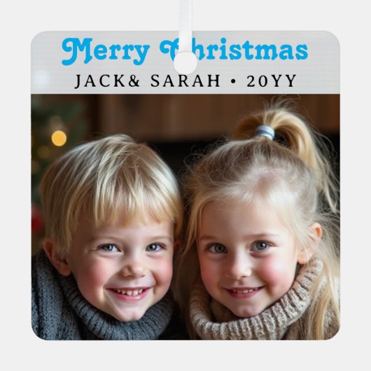 Personalized Text 2 Photo Green Retro Typography メタルオーナメント (正面)