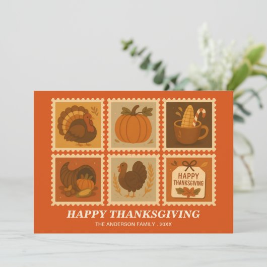 Personalized Thanksgiving Stamp Collage Greeting C シーズンカード (スタンド正面)