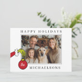 Personalized The Grinch Holding Ornament Photo シーズンカード (スタンド正面)