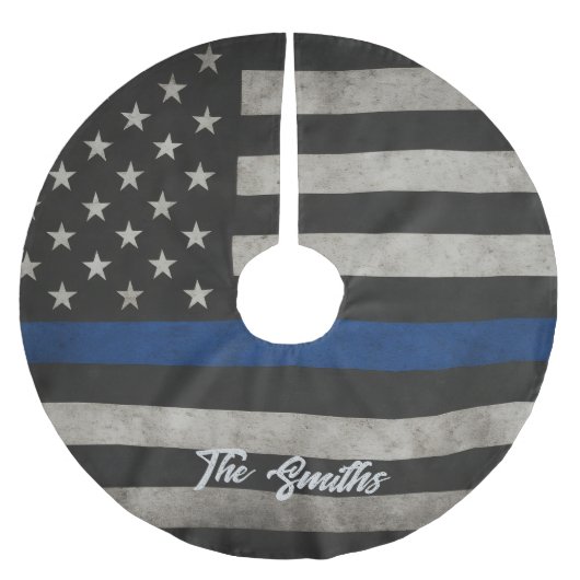 Personalized Thin Blue Line American Flag ブラッシュドポリエステルツリースカート (正面)