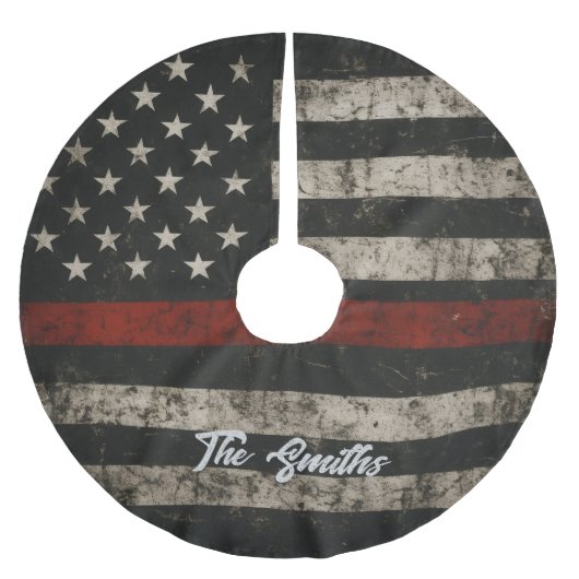 Personalized Thin Red Line American Flag ブラッシュドポリエステルツリースカート (正面)