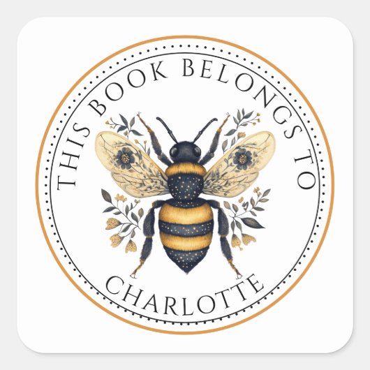 Personalized This Book Belongs To Floral Bee スクエアシール (正面)