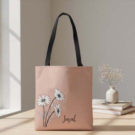 Personalized Tote Bag with White and Black Daisies トートバッグ