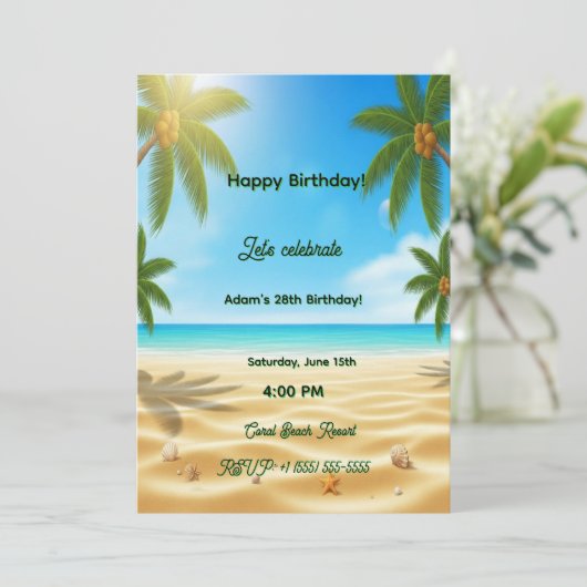 Personalized Tropical Beach Palms Adult Birthday P 招待状 (スタンド正面)
