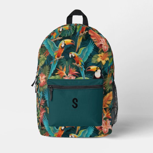 Personalized Tropical Jungle Parrot & Toucan Backp プリントバックパック (正面)