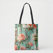 Personalized Turquoise Shabby Chic Rose Carryall トートバッグ (正面)