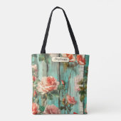 Personalized Turquoise Shabby Chic Rose Carryall トートバッグ (裏面)