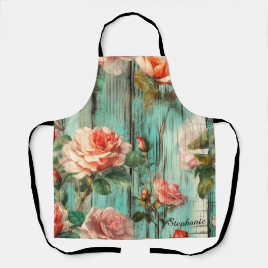Personalized Turquoise Wood & Vintage Rose エプロン (正面)
