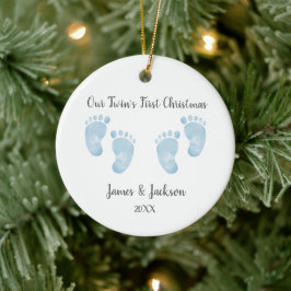 Personalized Twin Baby Boys Blue Footprint  セラミックオーナメント