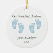 Personalized Twin Baby Boys Blue Footprint  セラミックオーナメント (正面)