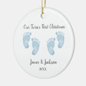 Personalized Twin Baby Boys Blue Footprint  セラミックオーナメント (左)