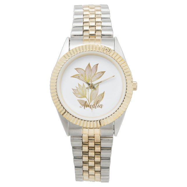 Personalized Two-Tone Golden Floral Watch 腕時計 (正面)
