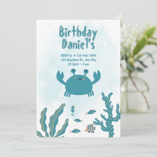 Personalized Under the Sea Crab Birthday Invitatio 招待状 (スタンド正面)